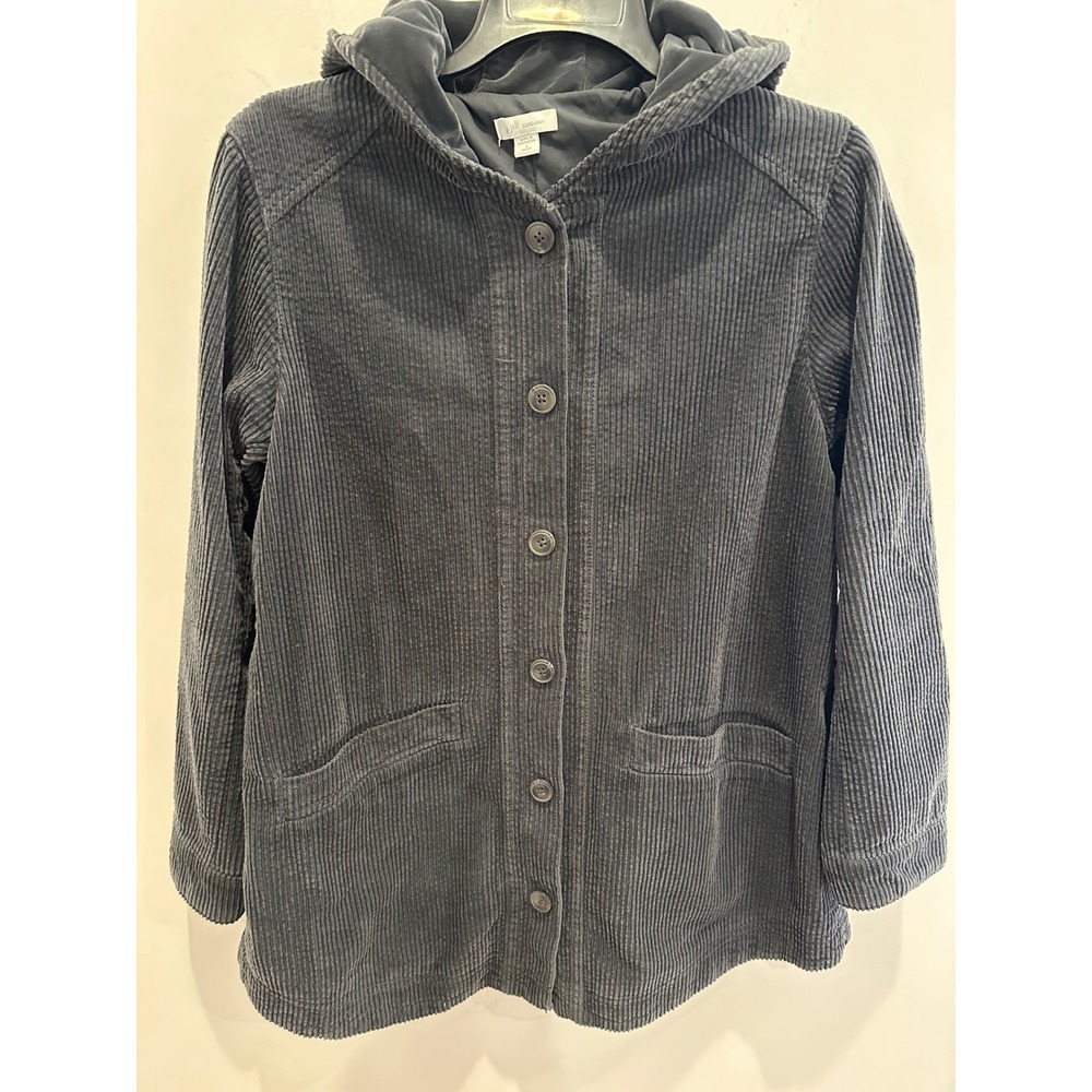 J. Jill Corduroy Hooded Jacket Charcoal Gray Button Front Coat Petite Small